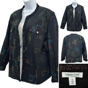 Coldwater Creek Embroidered 100%Cotton LIght Denim Jacket Ruffle Trim Sz. 1X